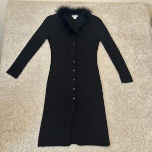 Black Midi Button-Front Dress with Feather Trim